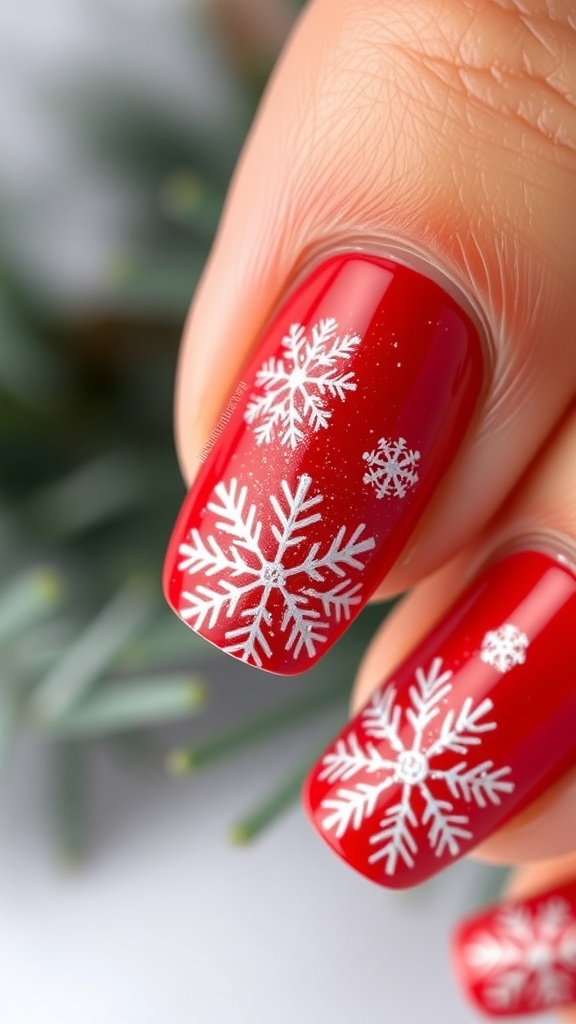 Elegant red Christmas nails with white snowflake designs.